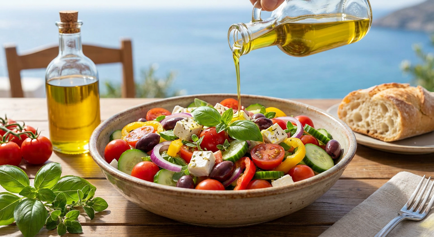 Rețetă delicioasă de salată mediteraneană cu ulei de măsline extravirgin
